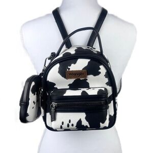 Wrangler Cow Print Mini Backpack Purse Black & White Faux Leather Western Bag